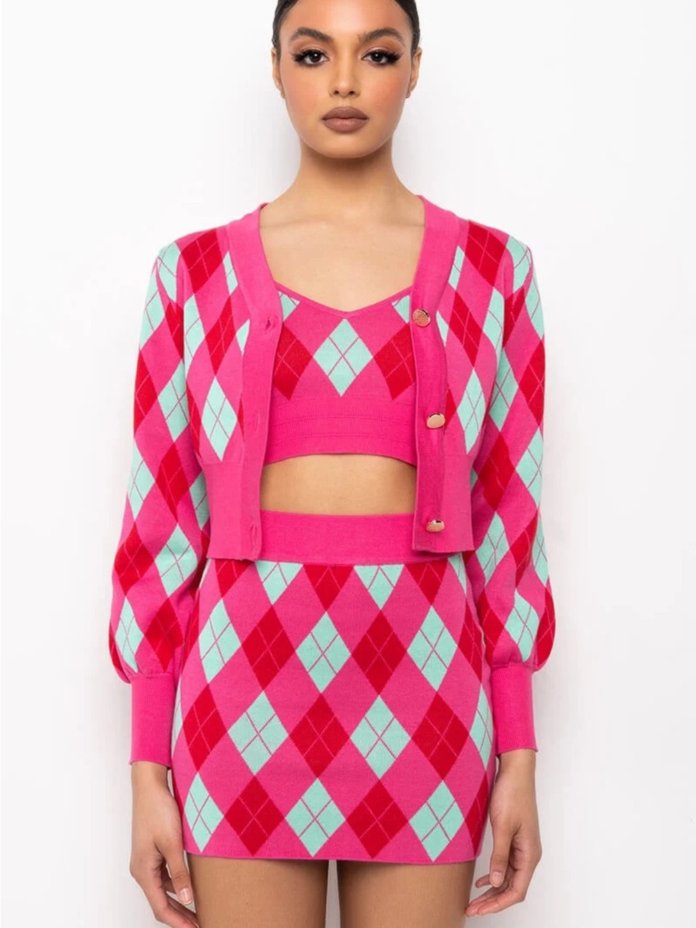 Hot Pink Argyle Cropped Sweater Cardigan GET A CLUE KNIT CROP CARDIGAN and TOP